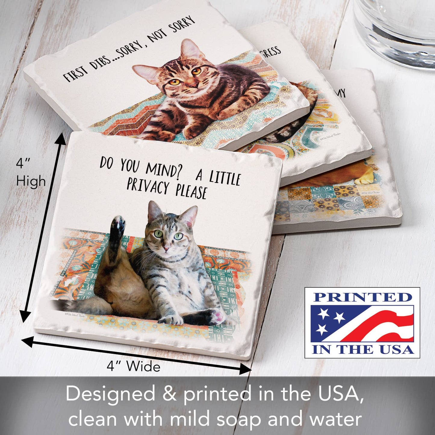 CounterArt/Highland Home/Thirstystone - Cat Nappy Assorted Image Tumbled Tile Coaster 4 Pack