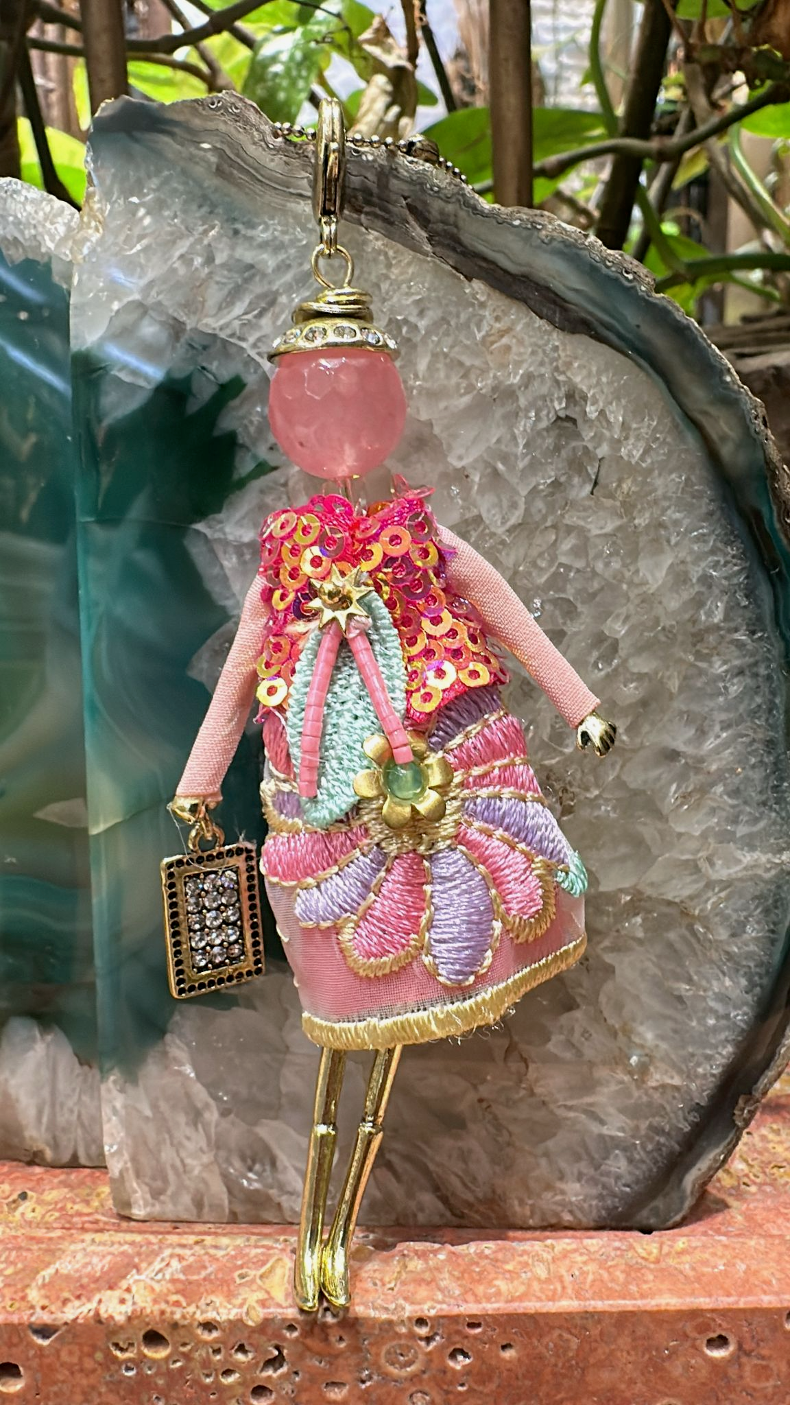 Pretty Persuasions - N23188G Stone Adorned French Doll Stainless Steel Necklace: 04 GD/Pink