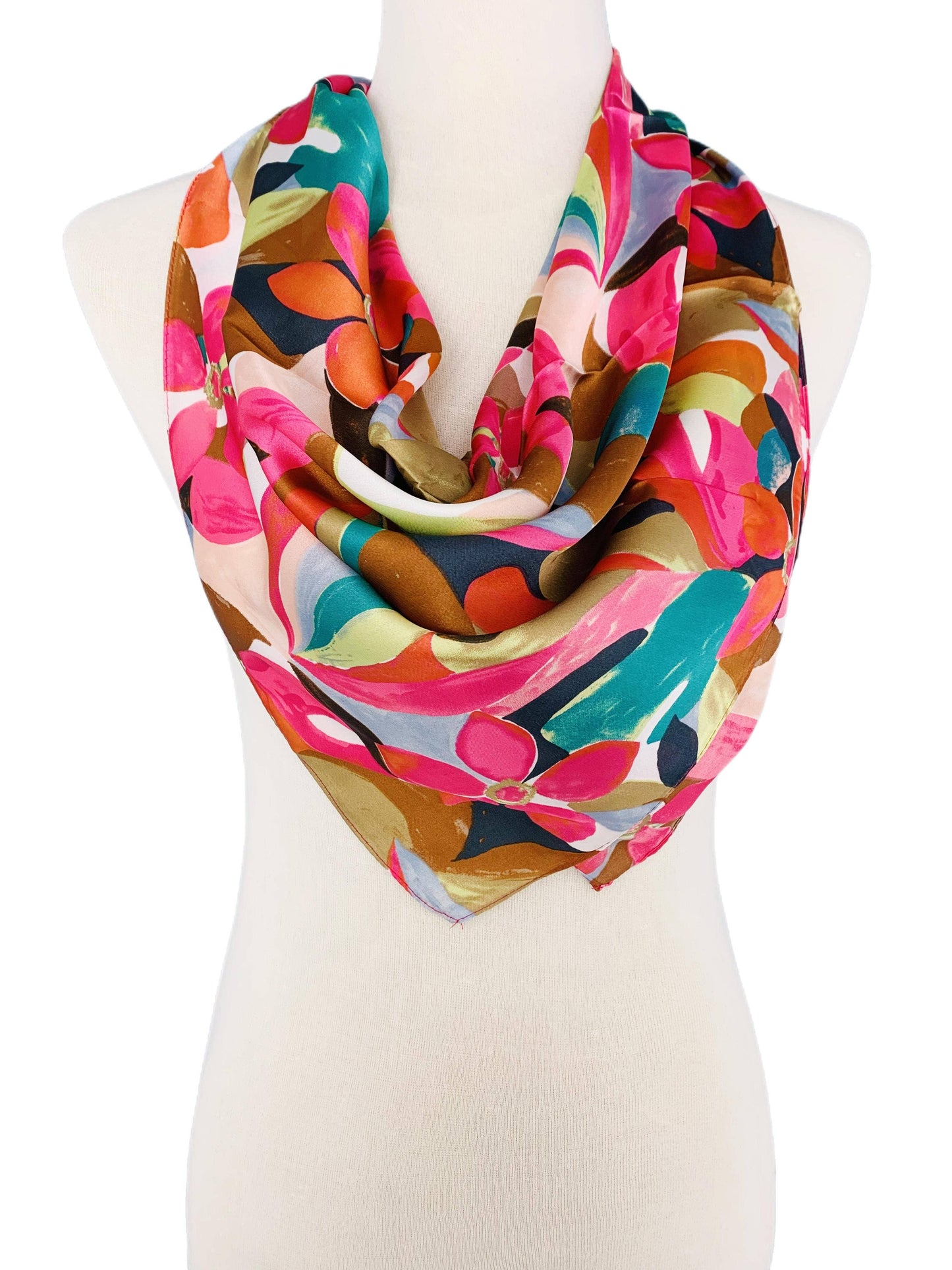 JC Sunny Fashion - JC0707004 Luxurious Silk-Feel Square Scarf--Fuchsia Floral