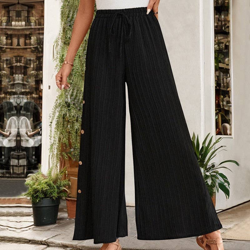 UZ Wholesale Store - Textured Black High-Waisted Wide Leg Pants: BLACK / L