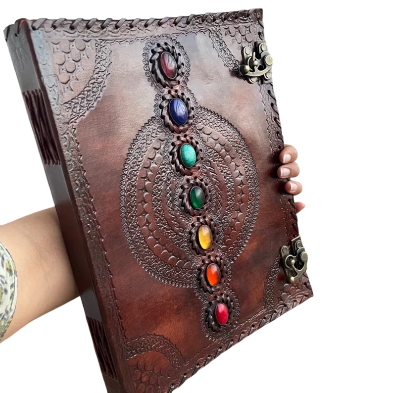 Immart Global LLC - TUZECH Leather Journal Book Seven Chakra Medieval Stone Embossed Handmade Book of Shadows Notebook Office Diary College Book Poetry Book Sketch Book (13 Inches): Unlined