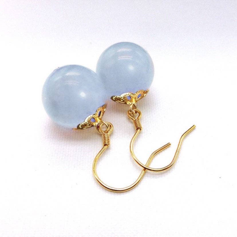 Haengseongworkshop - 18K Gold Plated/ S925 12mm Milky Aquamarine Filigree Flower Bead Cap Earrings: S925