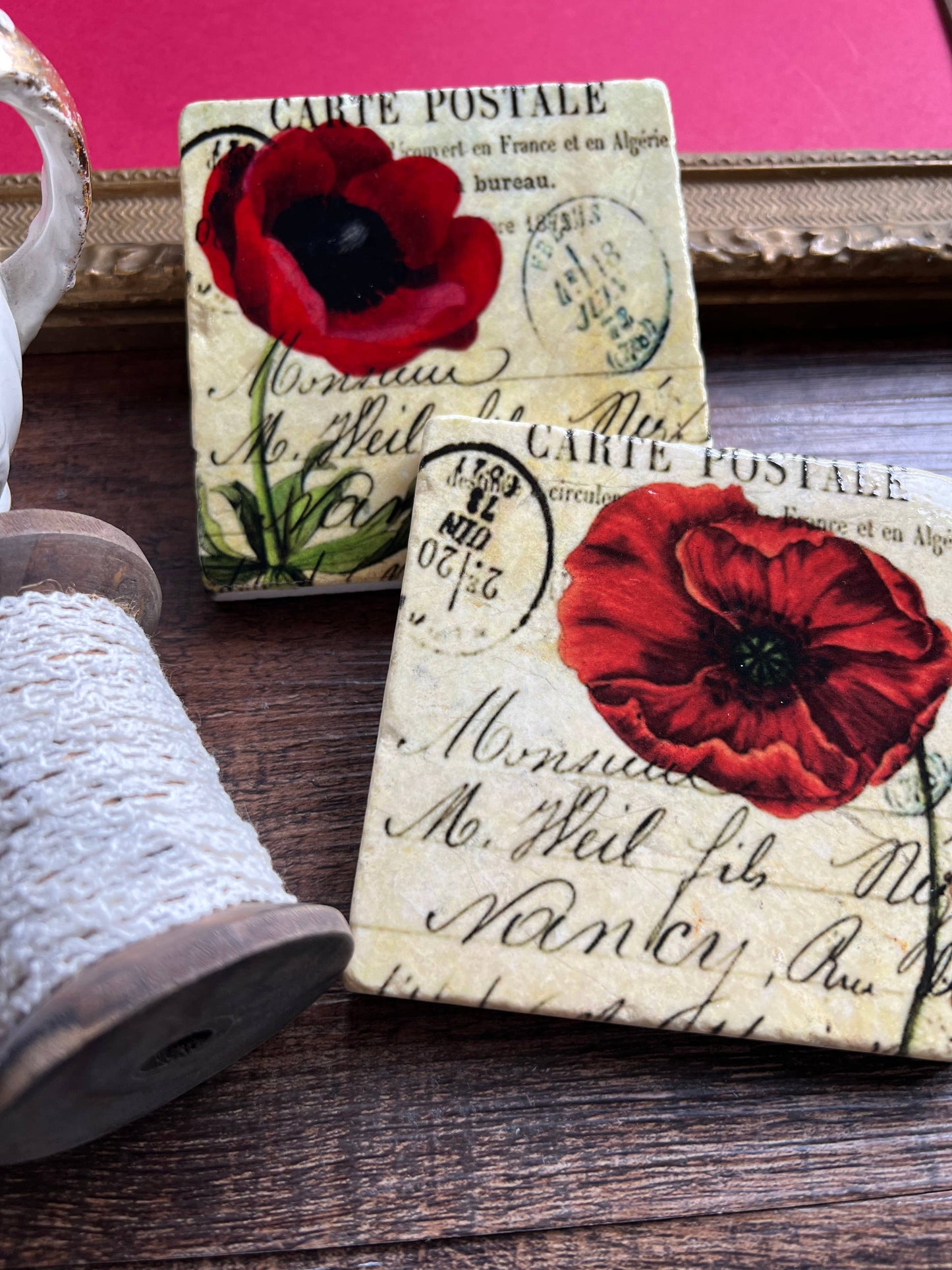 The Painted Lily - Red Poppies stone coasters - case of 4