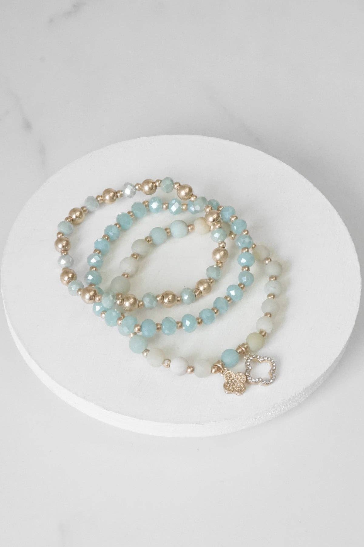 PennyLine inc - Beaded Bracelet Set Clover Amazonite Metal Glass Beads Gold tone
