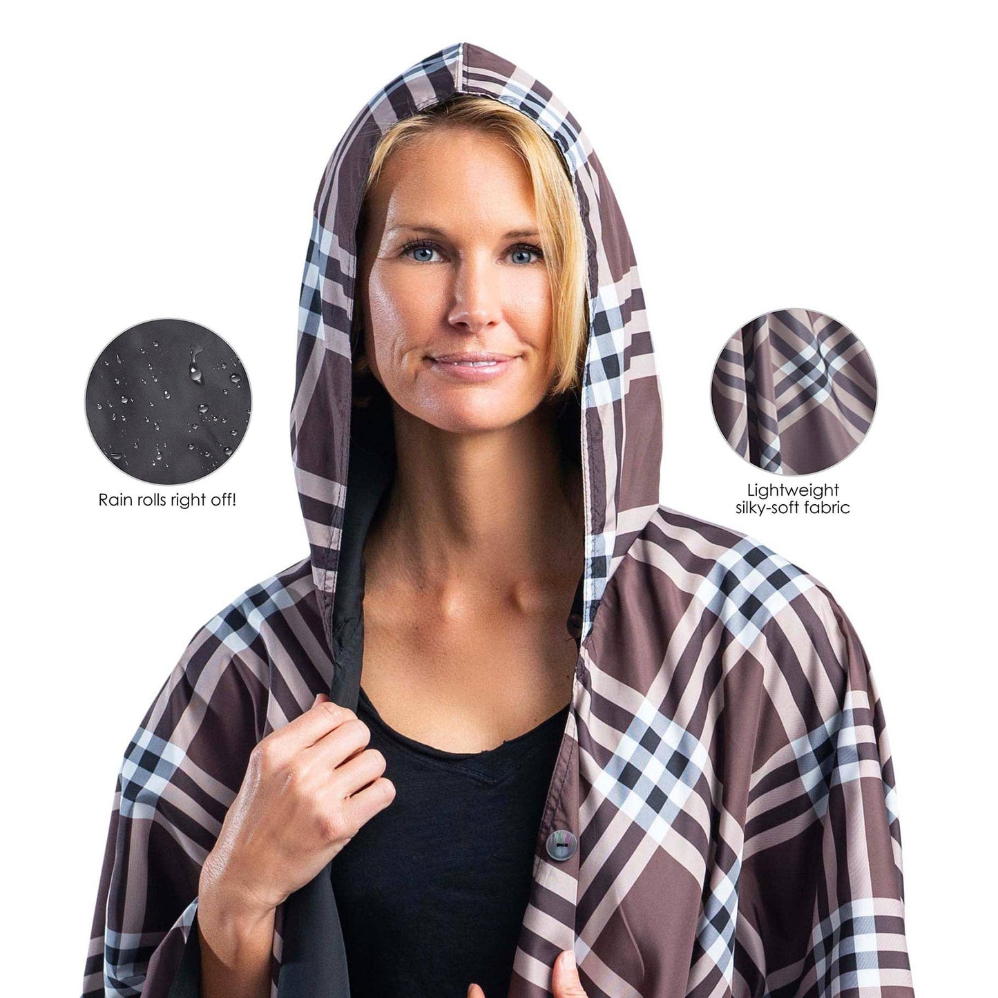 RainCaper - Black and Coco Plaid Rain & Travel Cape