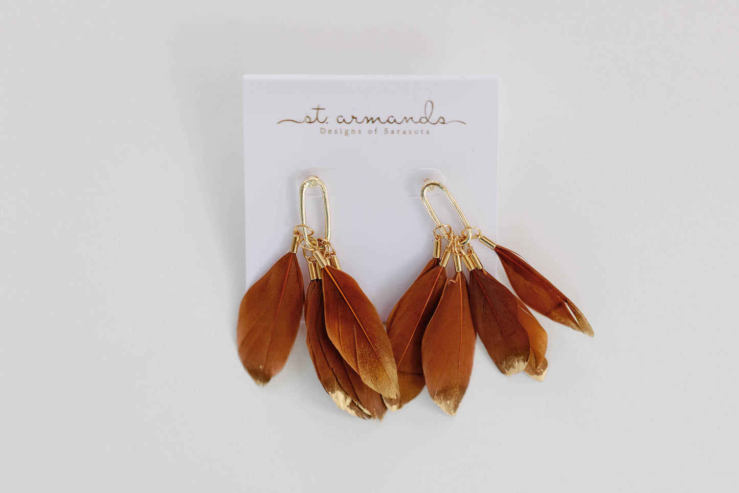 St Armands Designs of Sarasota - Caramel Gold Dipped Feathers Statement Earrings