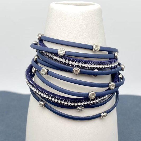 Mio Queena - Cubic Zirconia Multi-layer Leather Magnetic Buckle Bracelet - BJ: Blue
