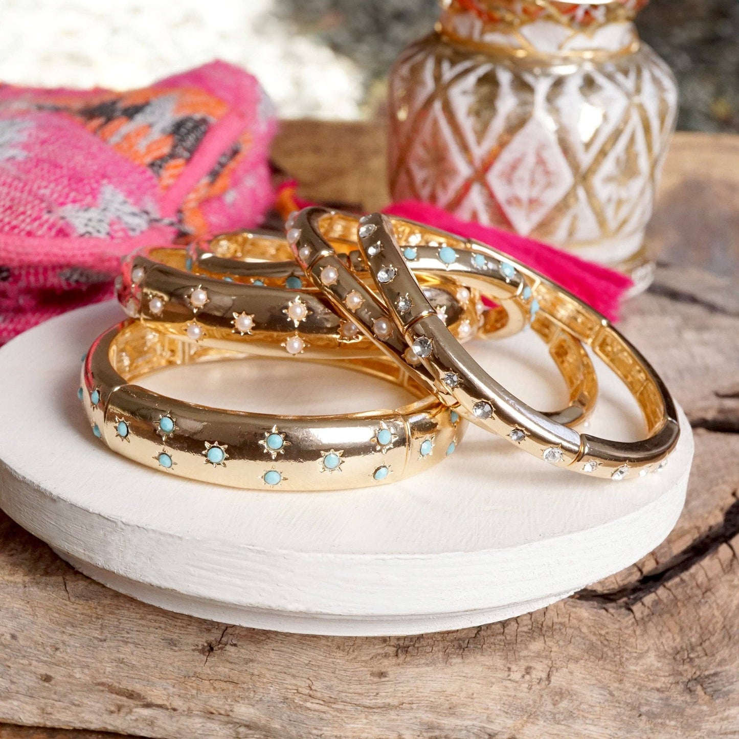 PennyLine inc - Gold-Tone Eternity Stretch Bangle – Pearls, Turquoise, or Crystals: Skinny - Pearls