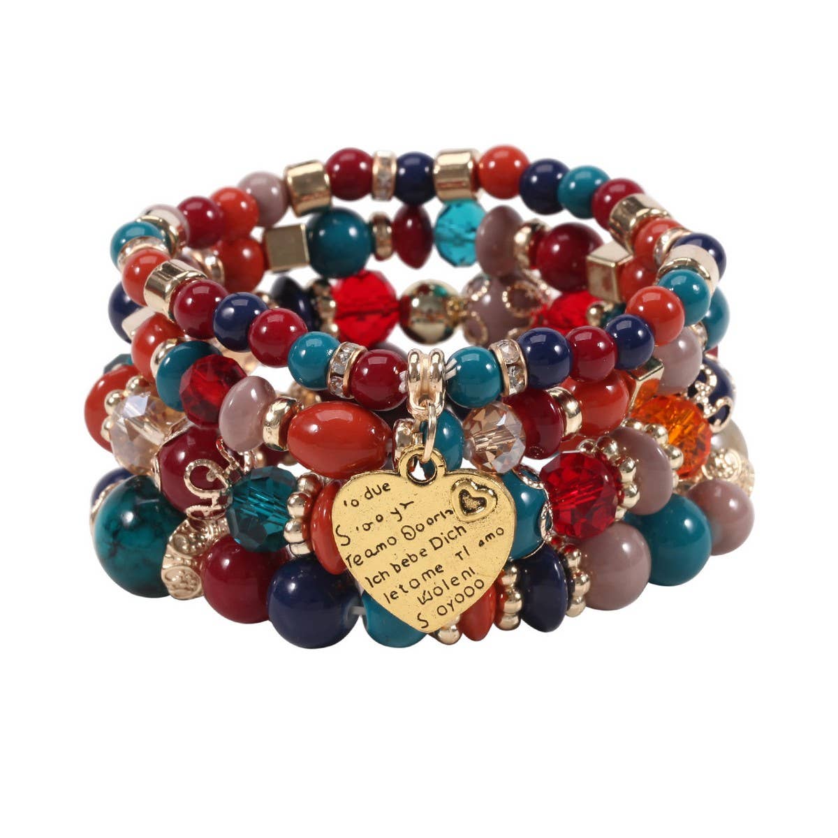 NINEXIS - CWMM10451_BOHO BEADED HEART BRACELET SET 4PCS ELASTIC: TYPE3 / (OS) 1