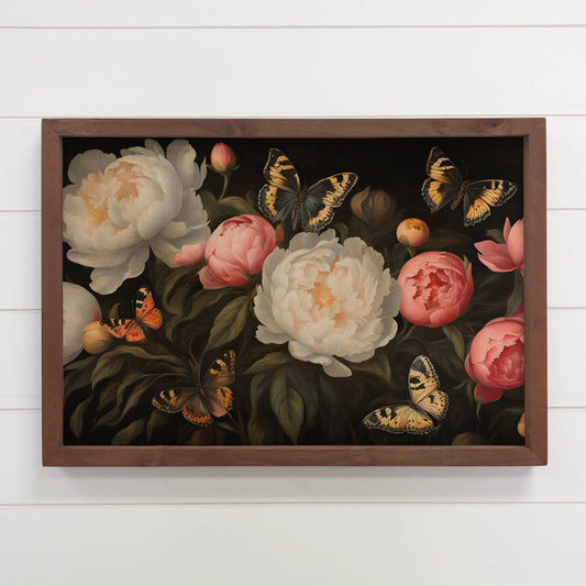 Hangout Home - Peonies Butterfly - Nature Canvas Art - Wood Framed Florals: 24x36" Extra Large Canvas Art with Thick Wood Frame