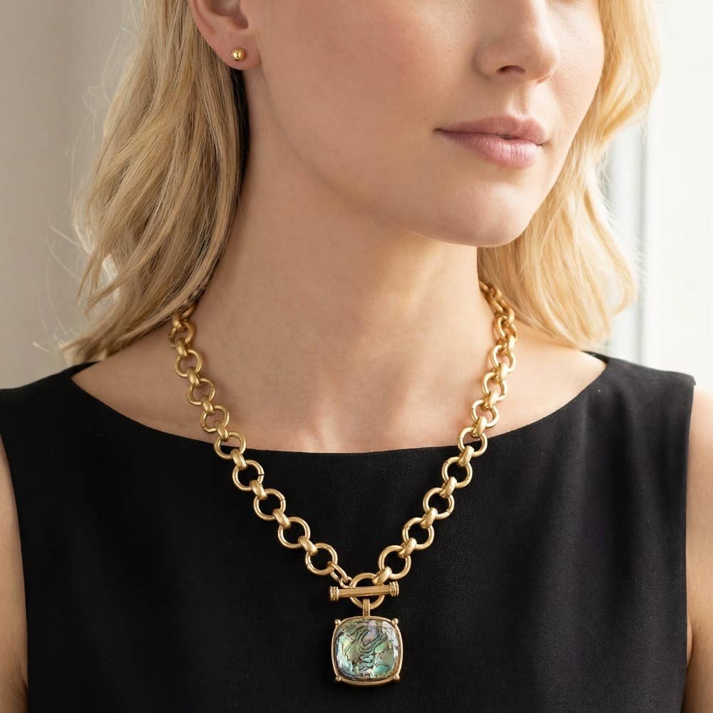 The Looks by Fame Accessories - Faceted Square Stone Pendant Necklace Set: MOP