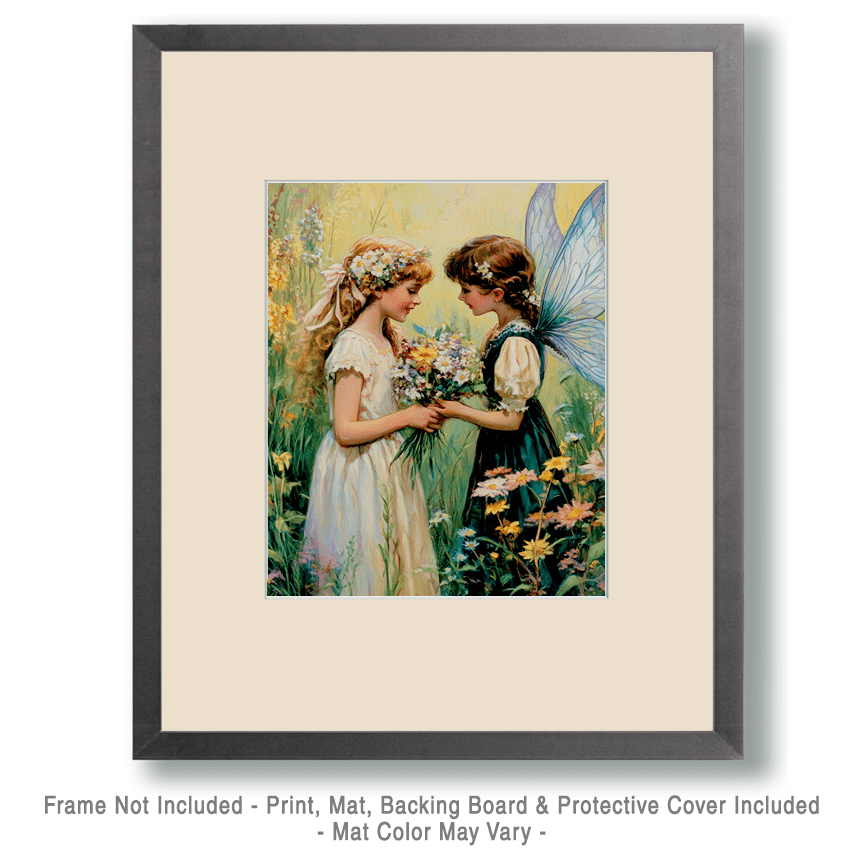 Mowbi - A Bouquet from a Fairy Friend - Fairies Wall Art Prints – 8″x10″ Artwork for 11″x14″ Frame