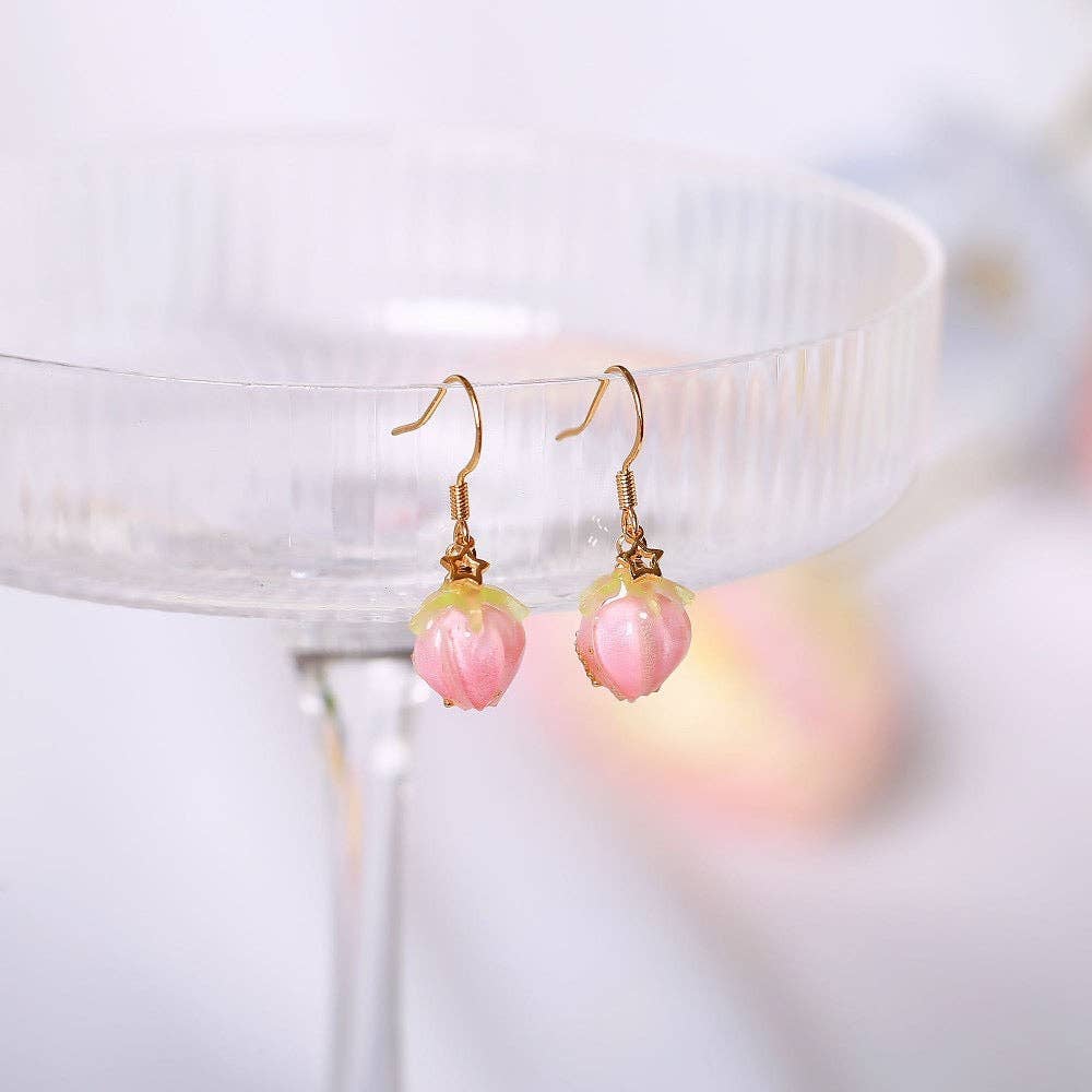 Haengseongworkshop - 18K Gold Plated Pink Rose Bud Glass Lamp work Earrings Dangle: Dangle