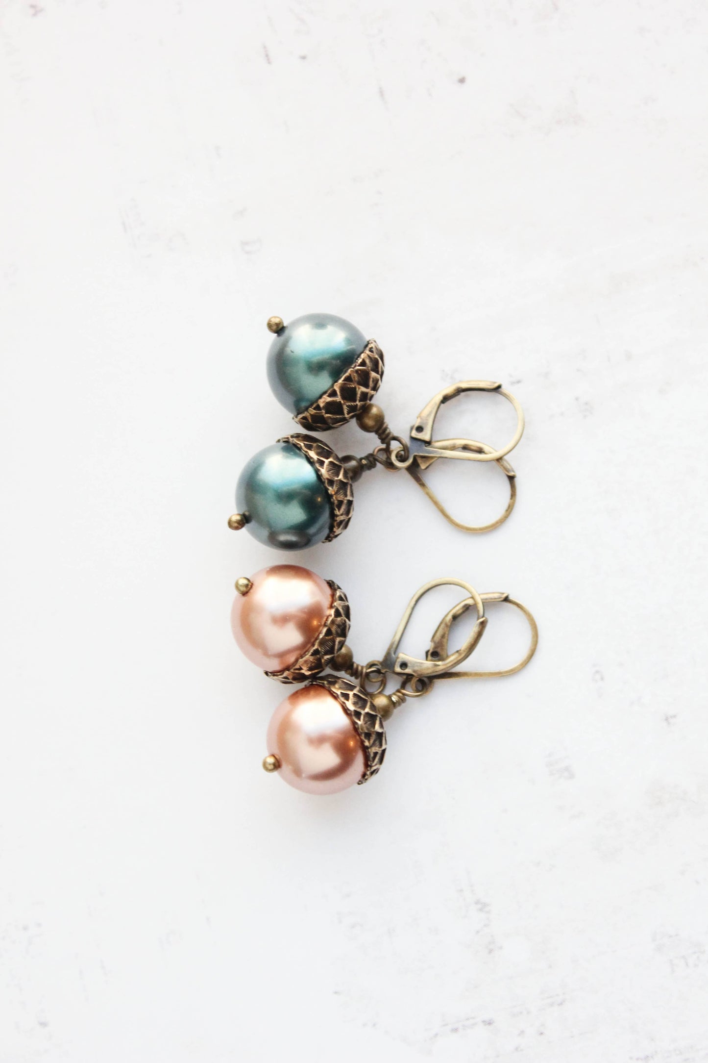 A Pocket of Posies - Pearl Acorn Earrings - ANTIQUED BRASS (23 colors): 4) Pink Champagne