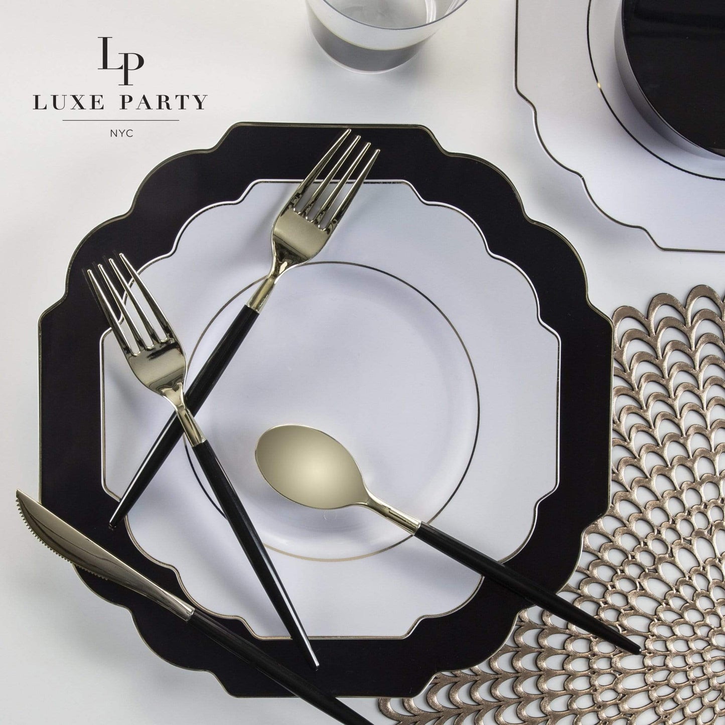 Luxe Party - Scalloped White • Gold Plastic Plates | 10 Pack: 10 Plastic Plates / 8" Appetizer Plates