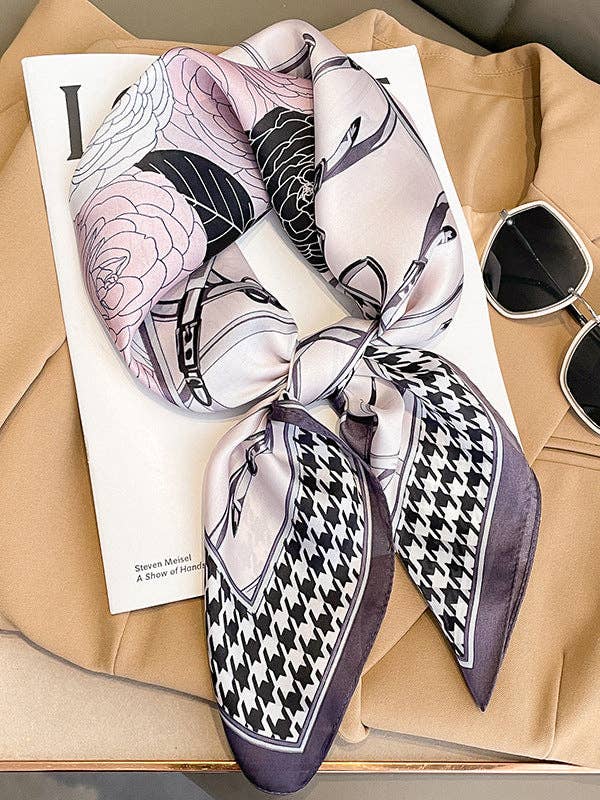 UZ Wholesale Store - Flower Print Houndstooth Scarf: PURPLE / One_size