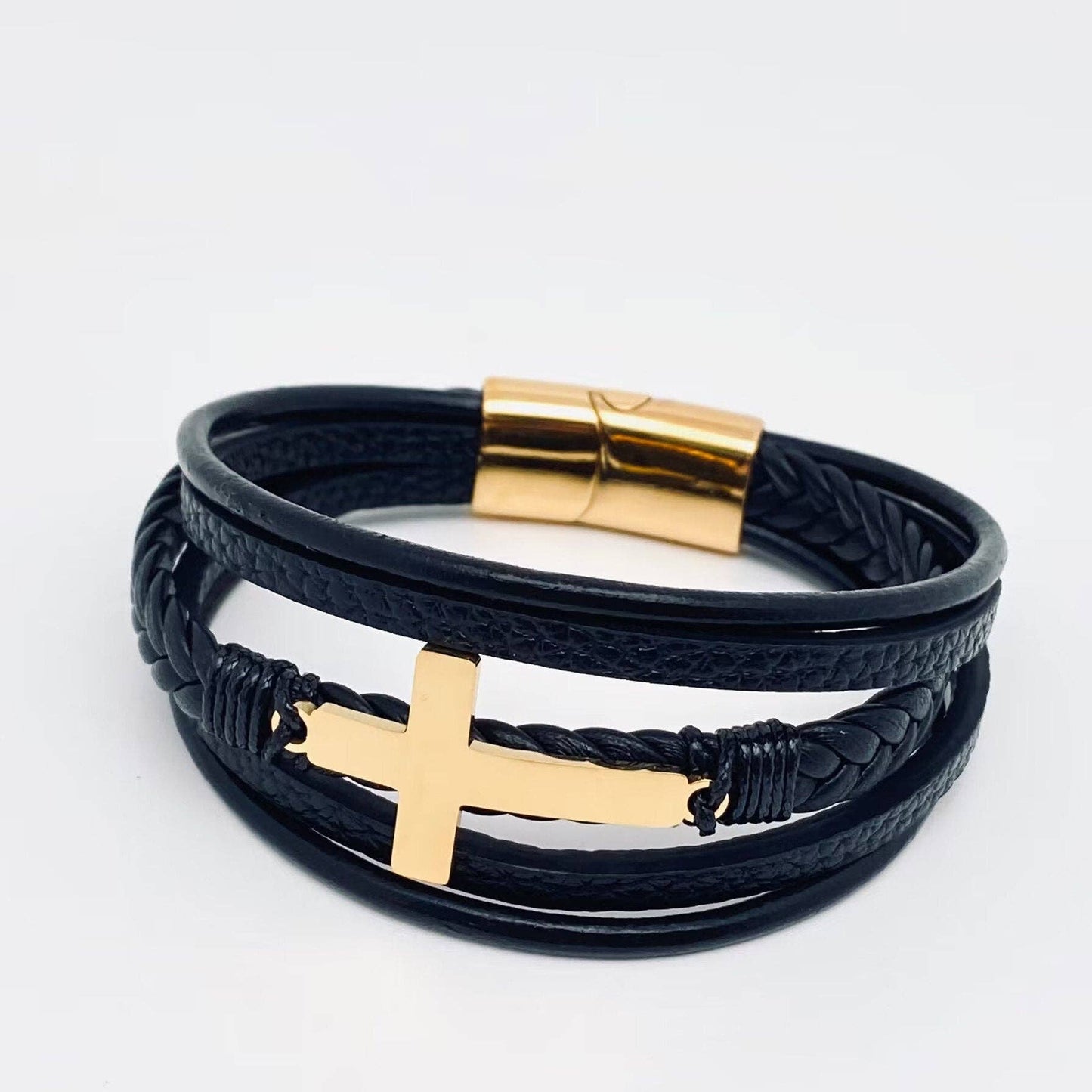 Mio Queena - Stainless Steel Cross Multi-Layer Woven Leather Bracelet -MJ/BC: Steel color