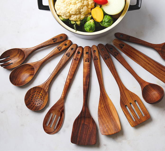 Woodenhouse - 12 pcs Wooden Utensils Set with Holder, Spoon Rest & Hooks