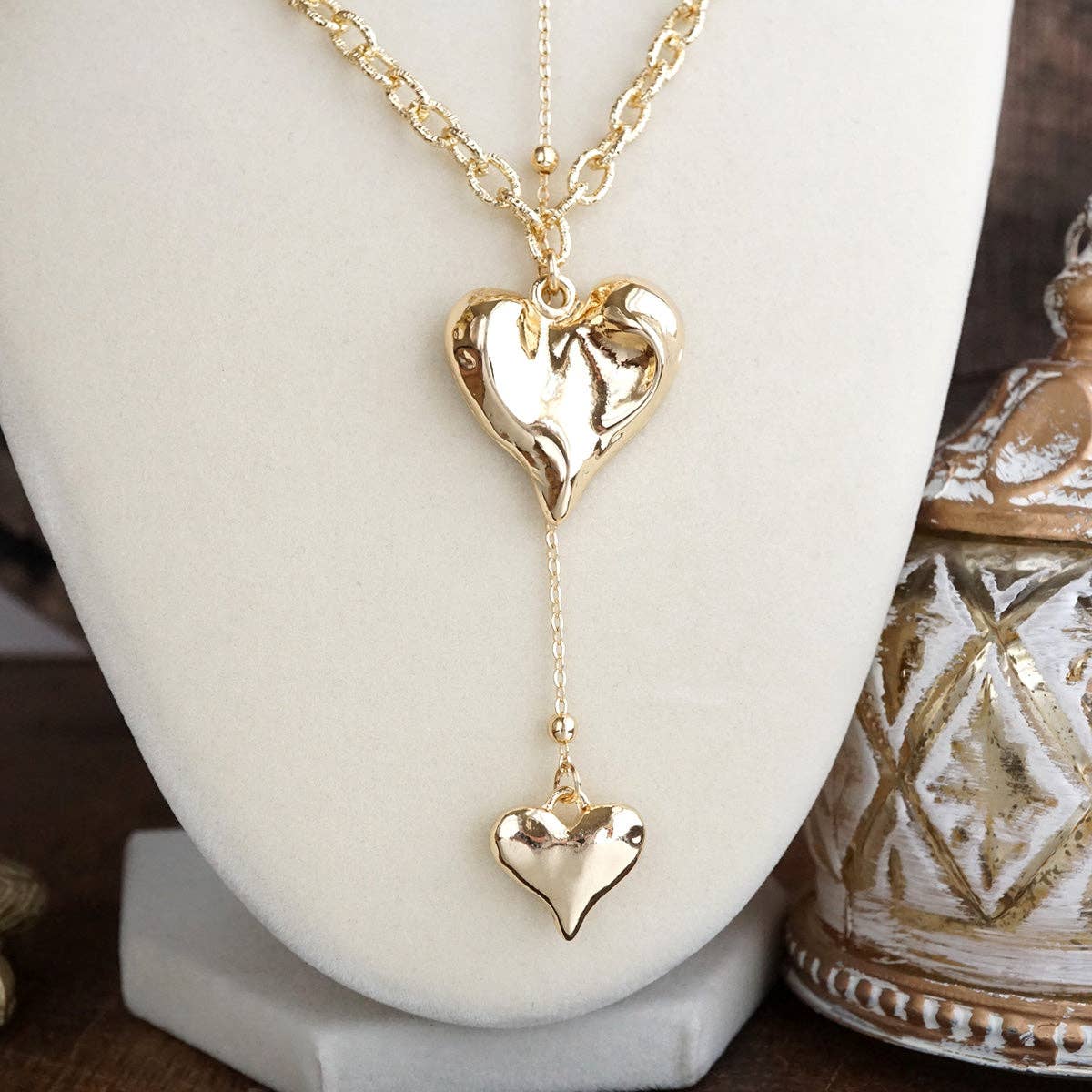 PennyLine inc - Flutter & Glow – Puffy Heart Lariat Layered Necklace in Gold