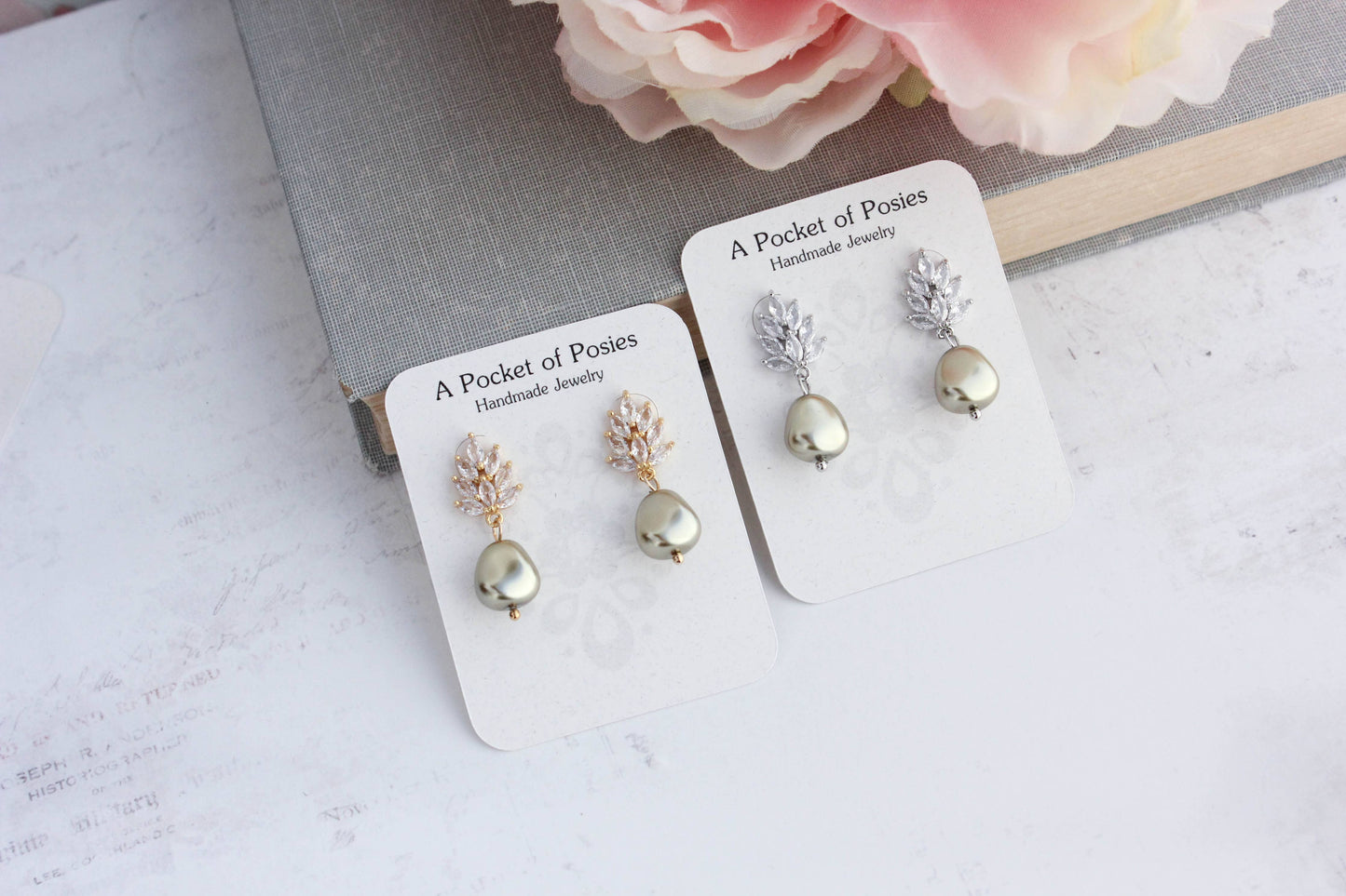 A Pocket of Posies - Glass Leaf Post Earrings - Pearl Drop: Gold Plated / Ivory Cream/Baroque Pearl