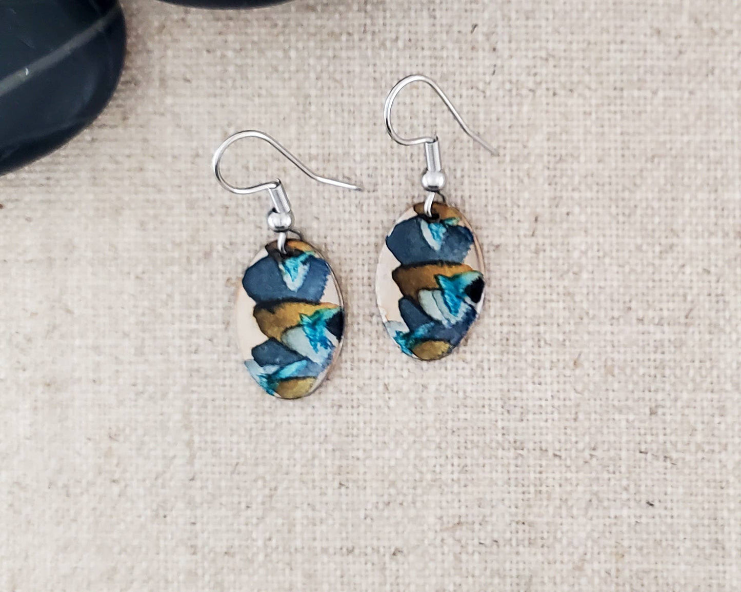 Covaly Artisan Jewelry - Alcohol Ink Stainless Steel Small Oval Earrings: Black