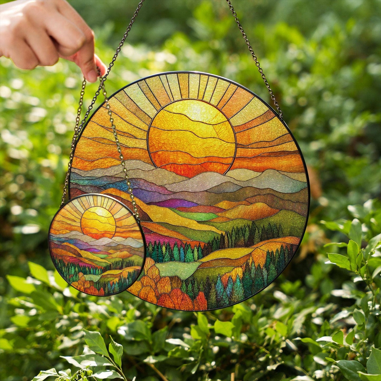 NVC Ecommerce LLC - Mountain Range Stained Glass Suncatcher, Nature Window Art: 11.8in
