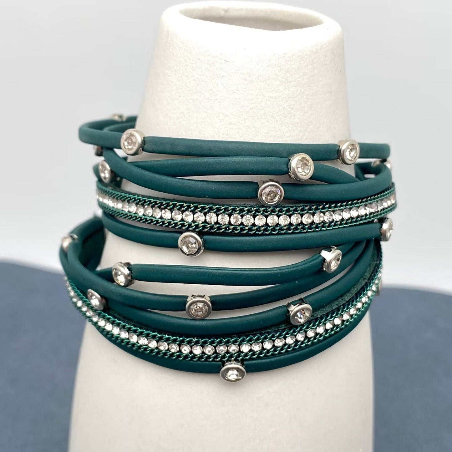 Mio Queena - Cubic Zirconia Multi-layer Leather Magnetic Buckle Bracelet - BJ: Silver