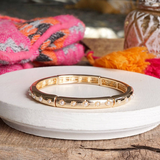 PennyLine inc - Gold-Tone Eternity Stretch Bangle – Pearls, Turquoise, or Crystals: Skinny - Pearls