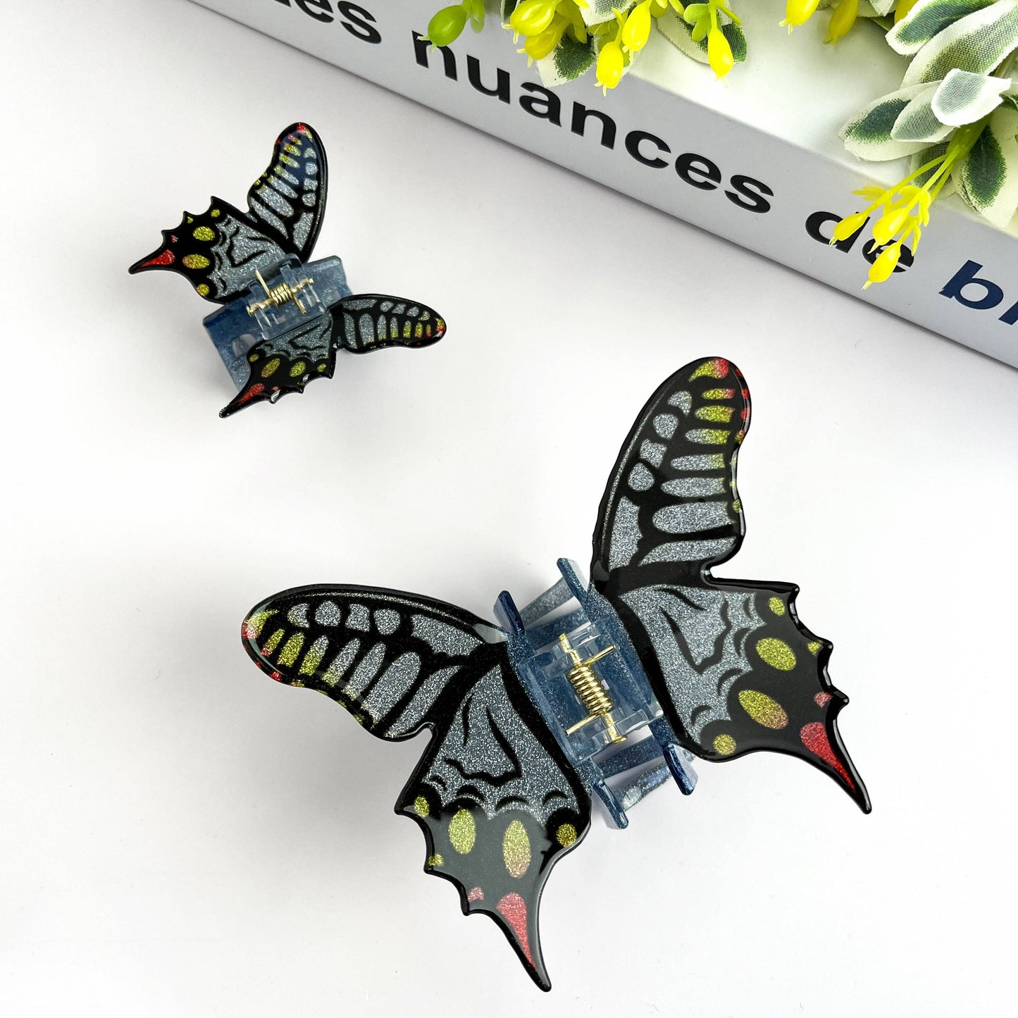 TheDivaSoap - Glitter Butterfly Hair Clip, Animal Hair Claw Set: Silver / Large