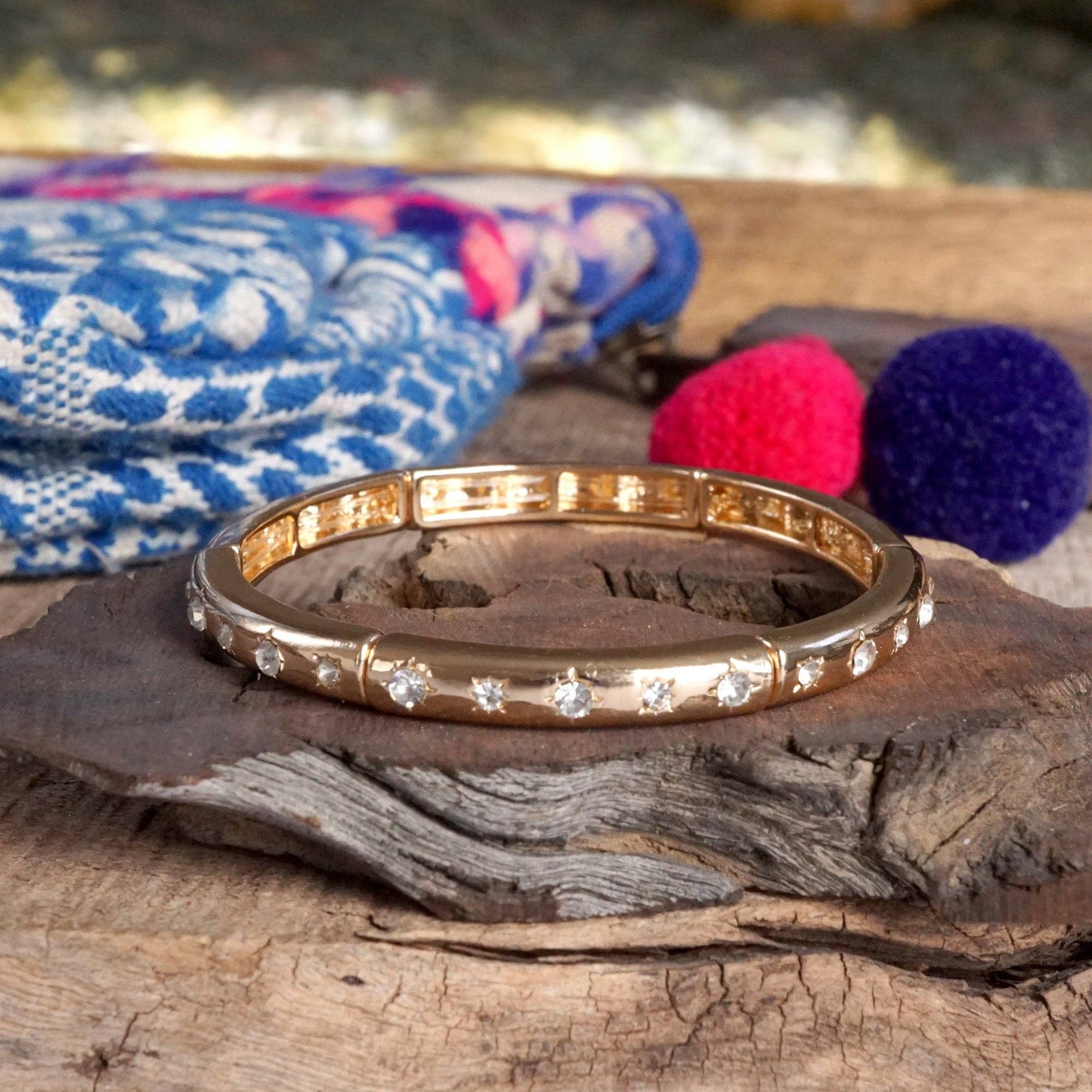 PennyLine inc - Gold-Tone Eternity Stretch Bangle – Pearls, Turquoise, or Crystals: Skinny - Clear Crystals