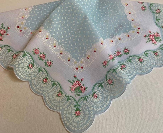 MOMENTS IN THYME - Air Castles Flapper Girl Keepsake Hankie Card: Aqua Scallops