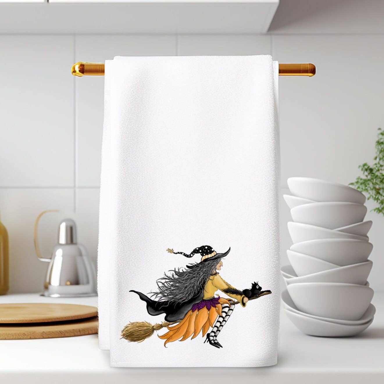 Fernville Creations - Halloween Witch & Broom Hand Tea Towel for Home Decor