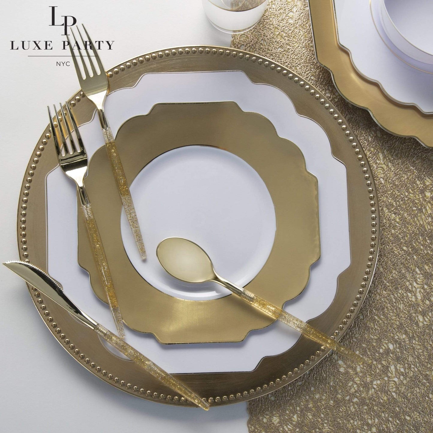 Luxe Party - Scalloped White • Gold Plastic Plates | 10 Pack: 10 Plastic Plates / 8" Appetizer Plates