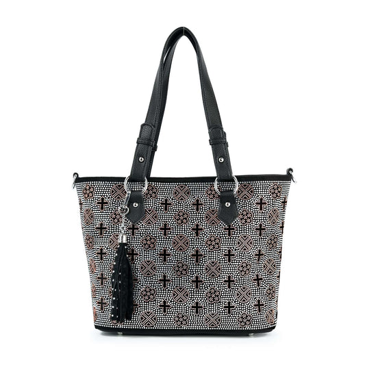 Handbag Express - Rhinestone Signature Print Classic Tote Bag: Black