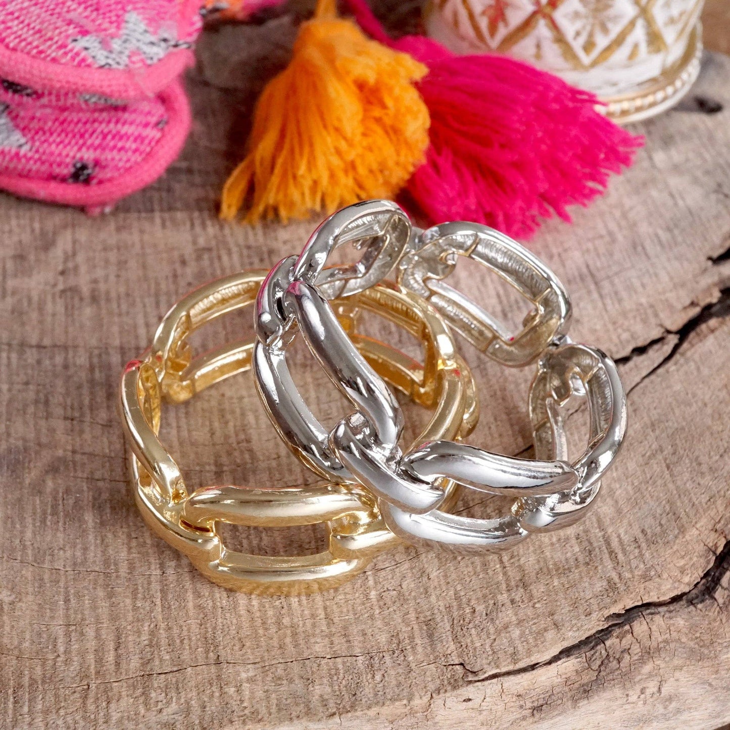 PennyLine inc - Chunky Chain Statement Stretchy Bangle Bracelet in gold or silver tone: Silver Tone