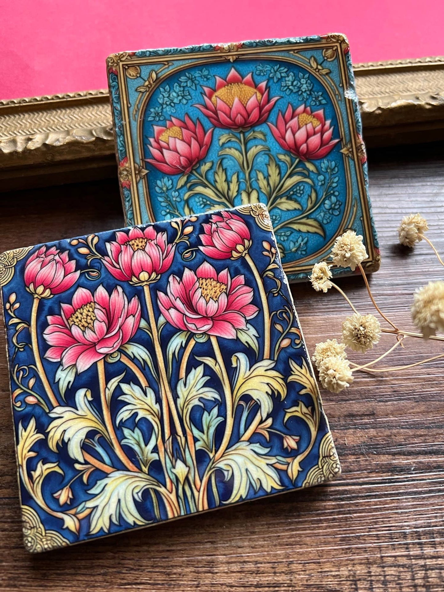 The Painted Lily - William Morris inspired stone coasters - case of 4