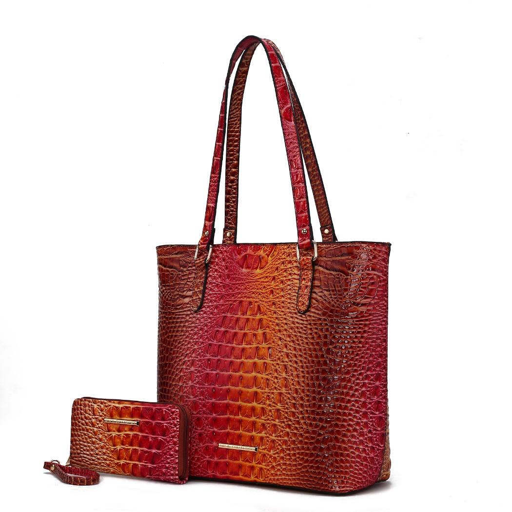 MKF Collection - MKF Piper Gradient Rainbow Embossed Tote Bag & Wallet: Coral