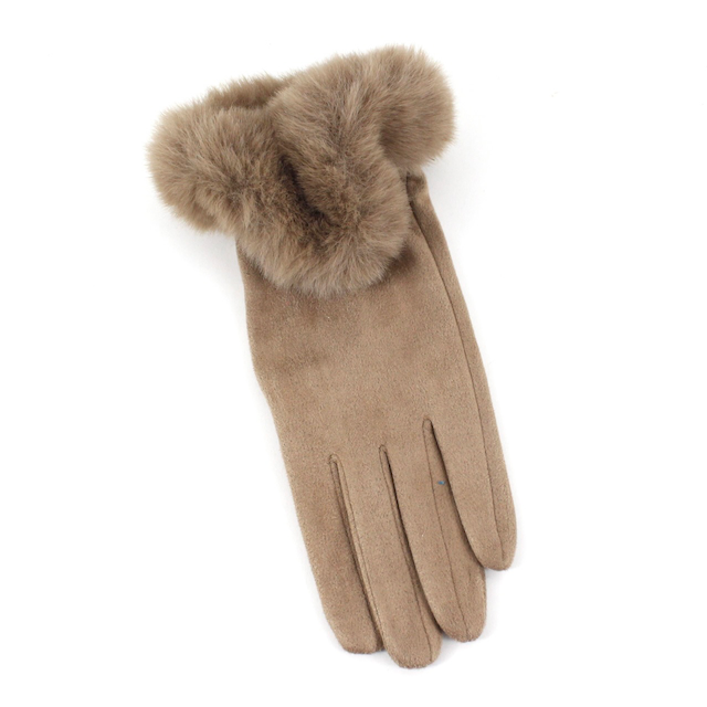 Pretty Persuasions - A24017 Faux Fur Trim Gloves (Velvet-Like): 02 Taupe