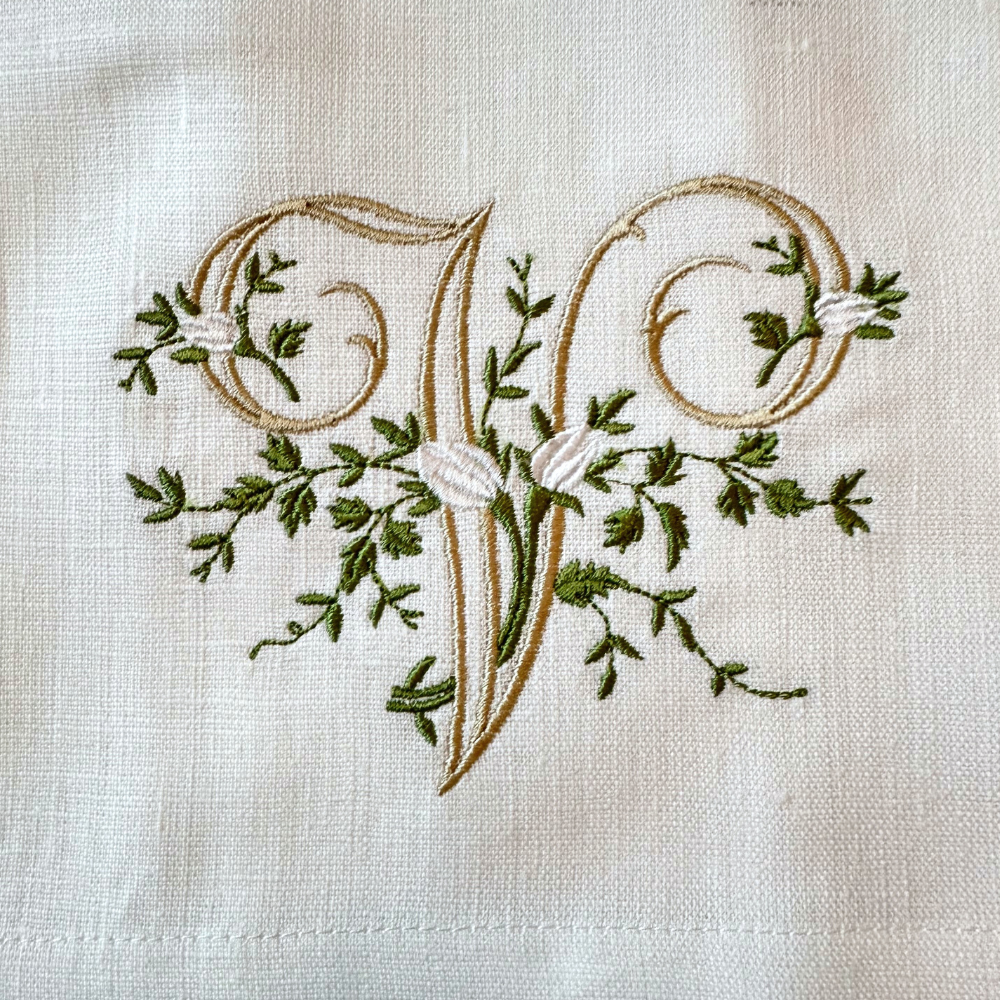 Arte Italica & Crown Linen Designs - Floral Monogram Linen Towel: V