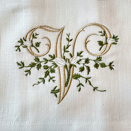 Arte Italica & Crown Linen Designs - Floral Monogram Linen Towel: V