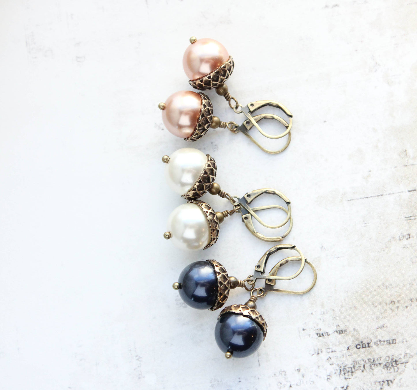 A Pocket of Posies - Pearl Acorn Earrings - ANTIQUED BRASS (23 colors): 4) Pink Champagne