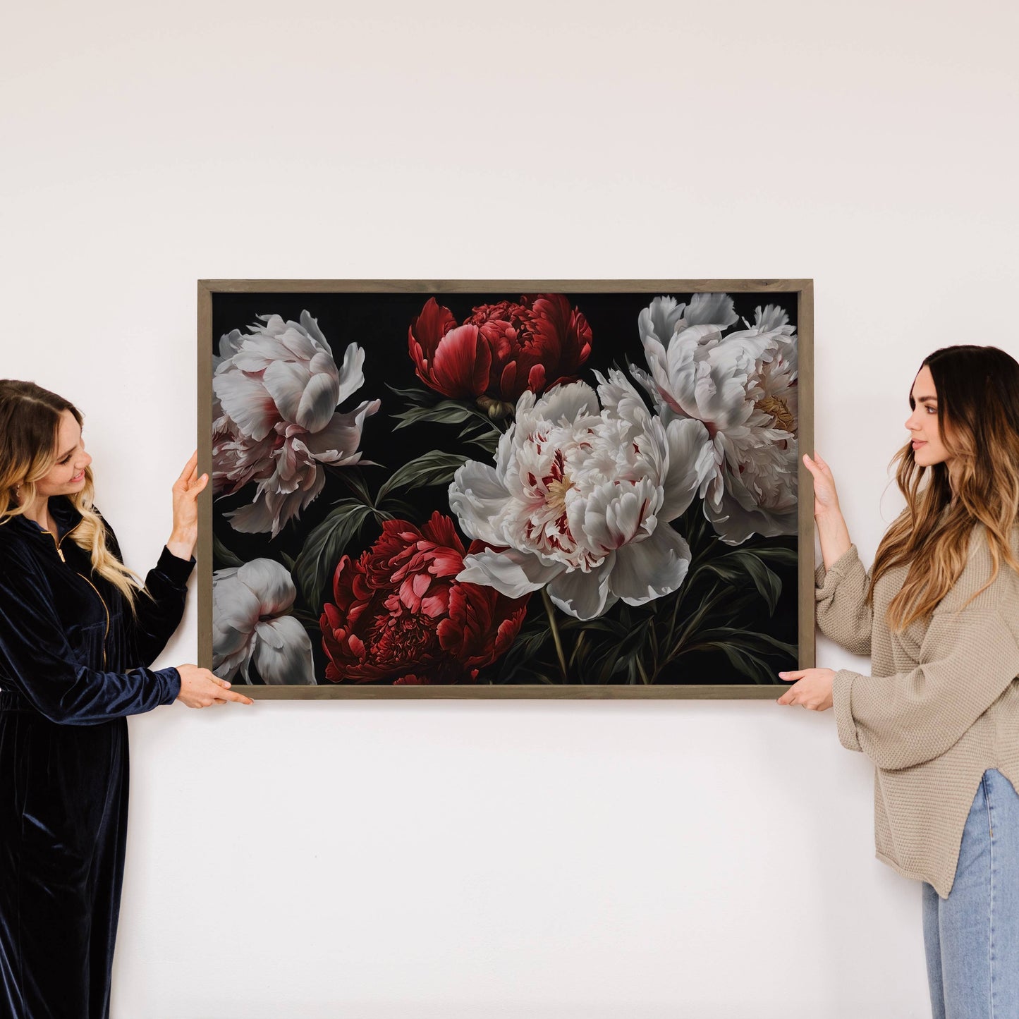Hangout Home - White Red Peonies Dark - Peony Canvas Art - Wood Framed Art: 24x36" Extra Large Canvas Art with Thick Wood Frame