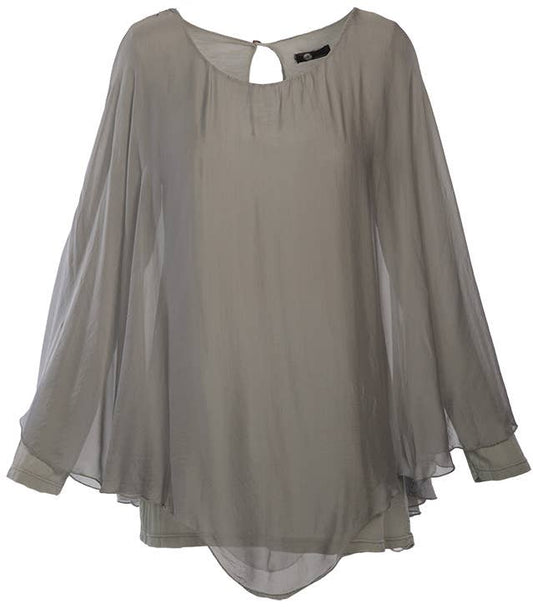 M Made In Italy - Long Sleeve Layered Silk Cape Top Plus Size: Silver / 2X