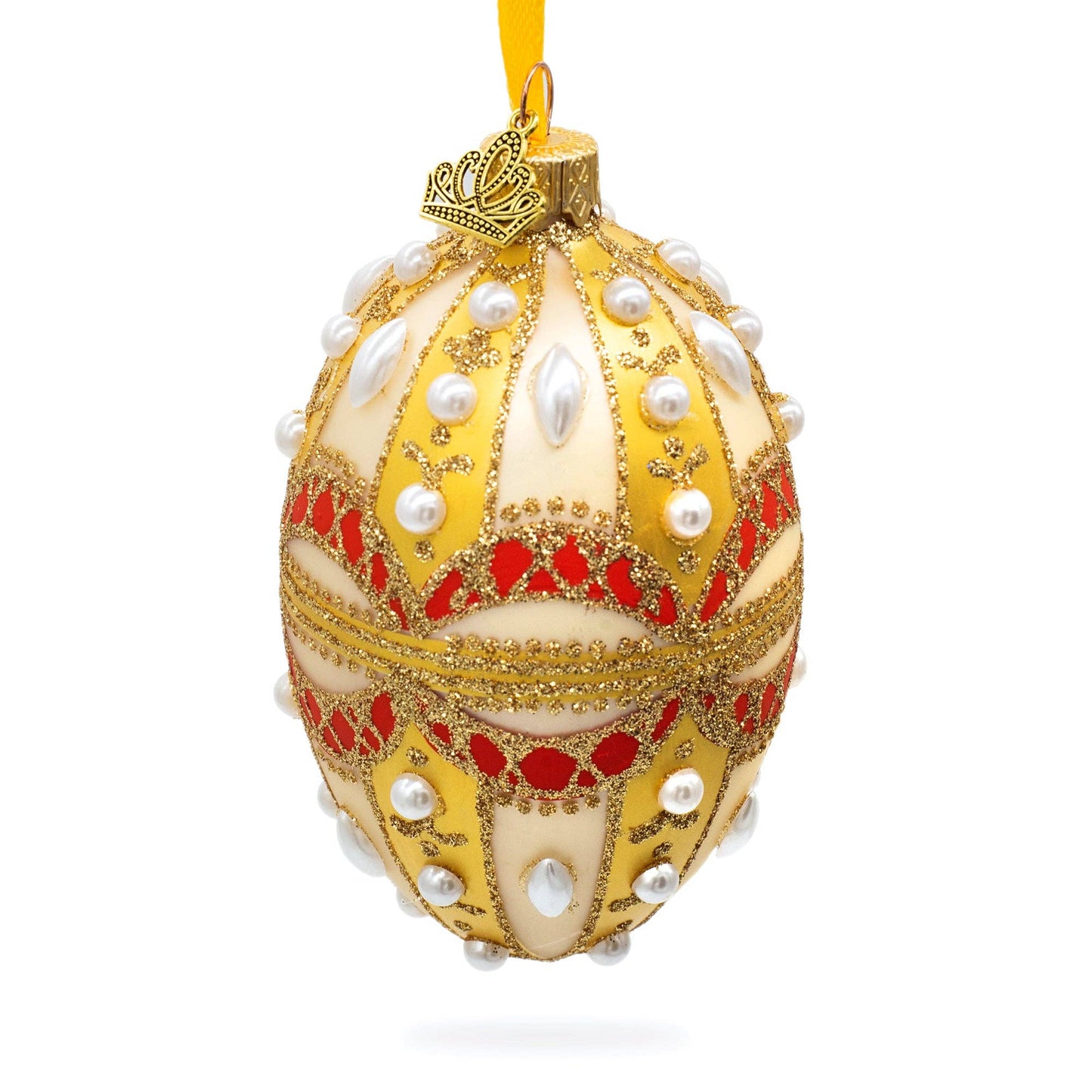 BestPysanky - Pearls on Gold and White Glass Egg Ornament