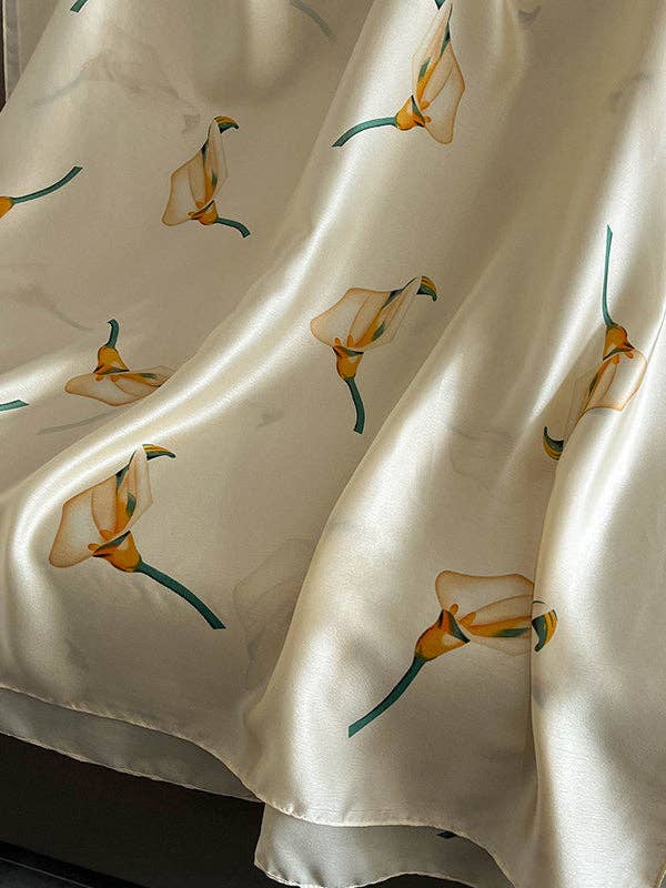 UZ Wholesale Store - Silk Imitation Flower Print Scarf: BEIGE / One_size