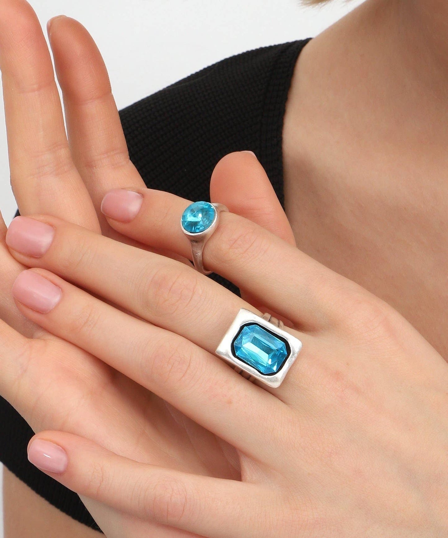 AVENS - Turquoise Crystal Stone Combined 2 Rings Set: Silver / Brass