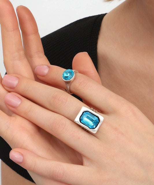 AVENS - Turquoise Crystal Stone Combined 2 Rings Set: Silver / Brass