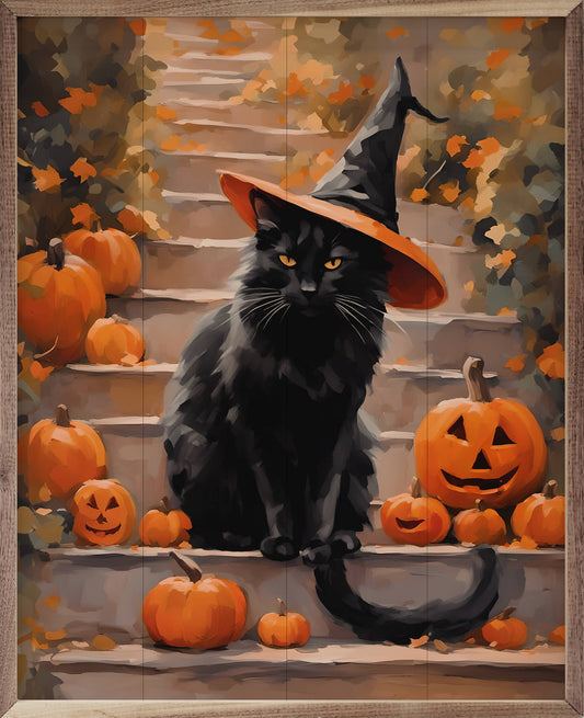 Kendrick Home - Halloween Cat With Hat: 8 x 10 x 1.5