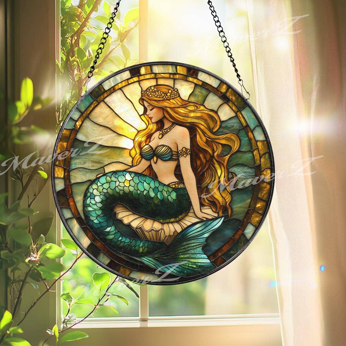 NVC Ecommerce LLC - Mermaid Princess Stained Glass Suncatcher, Sea Fantasy: 11.8in