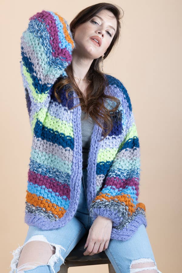 SAACHI - Rainbow Knitted Cardigan: Blue Combo